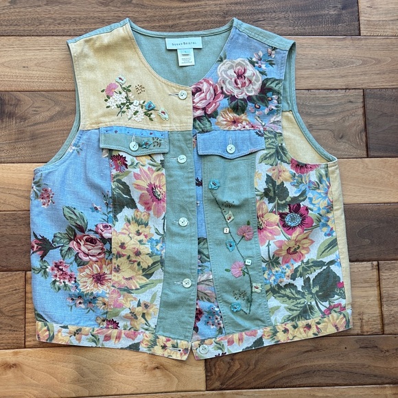 Susan Bristol Jackets & Blazers - Susan Bristol cottage core mixed media floral linen cotton vest